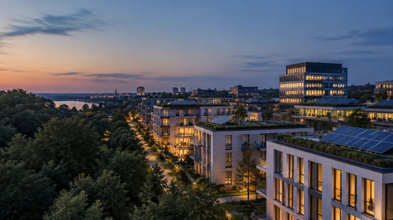 Erhöhte Ansicht eines modernen Stadtquartiers mit Büro- und Wohngebäuden zwischen Bäumen