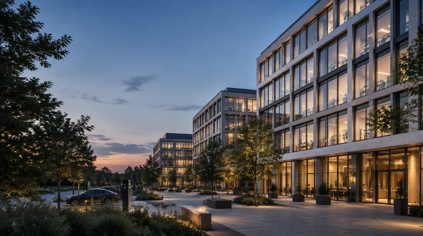 Hochwertiges Gewerbequartier mit modernen Bürogebäuden und begrünter Plaza bei Abendlicht