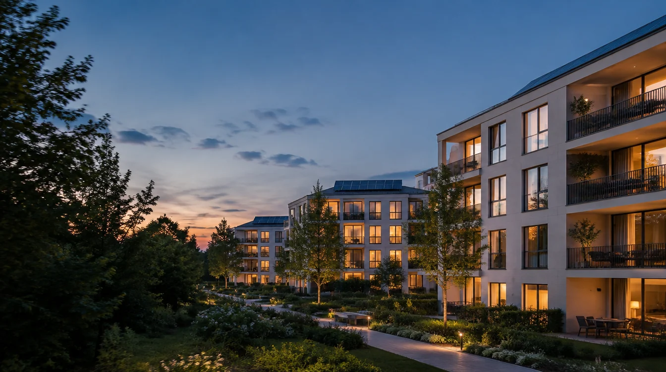 Modernes Wohnquartier mit begrüntem Innenhof und warm beleuchteten Wohnungen in der Abenddämmerung