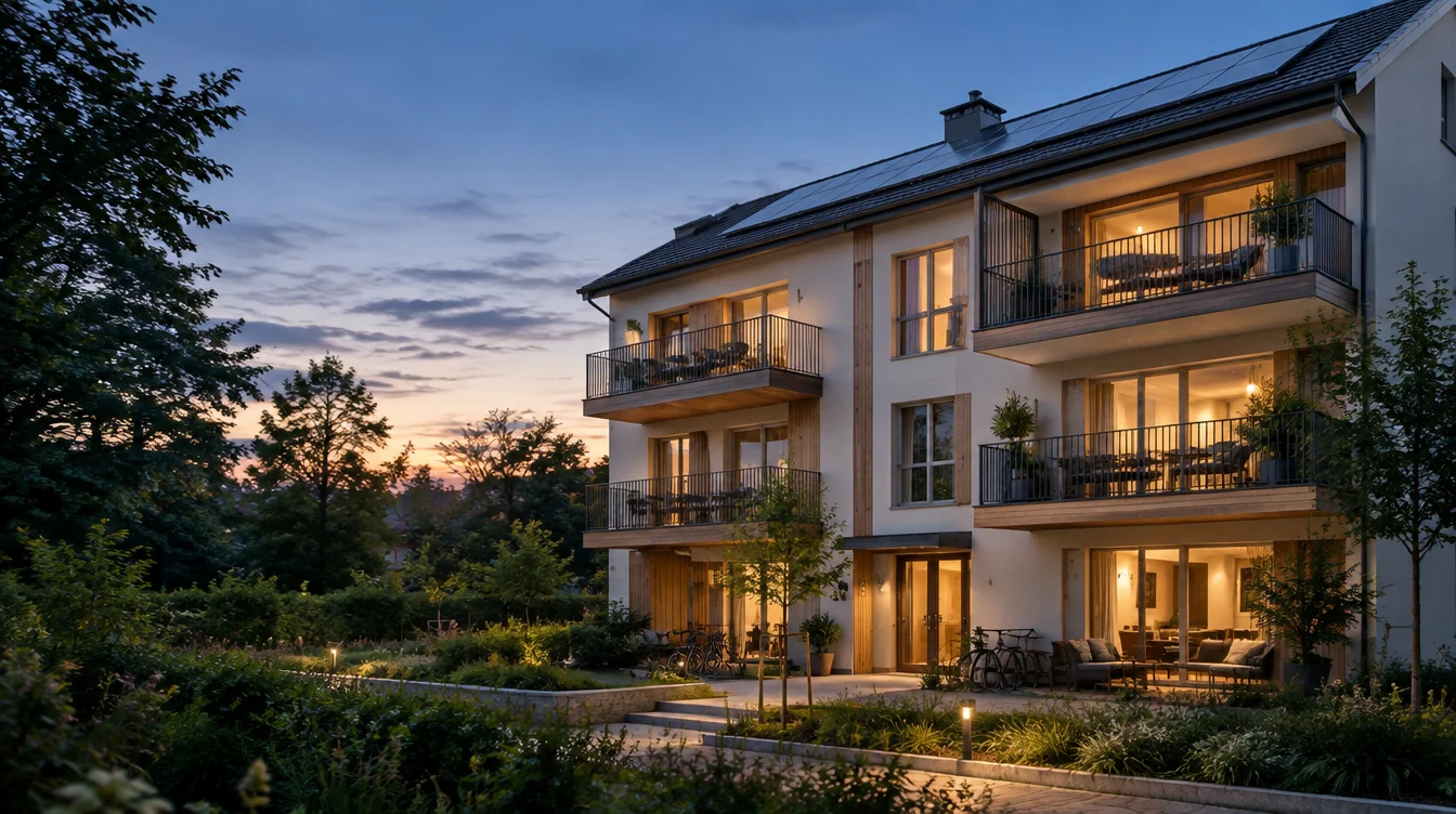 Kleines Mehrfamilienhaus mit gepflegtem Vorgarten, Balkonen und warm beleuchteten Fenstern