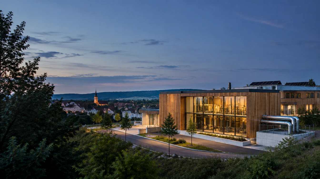 Zeitgemäßes Energiezentrum mit Holzfassade und Solaranlagen in einem europäischen Stadtquartier
